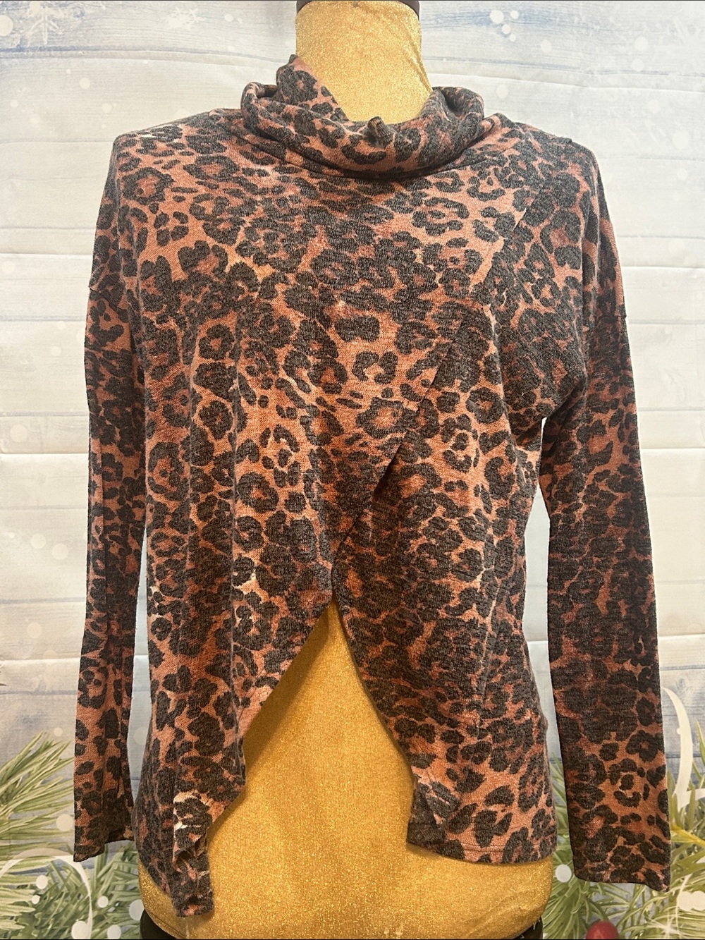 Leopard Print Turtleneck Long Sleeve Women’s Sweater - Brown/Black